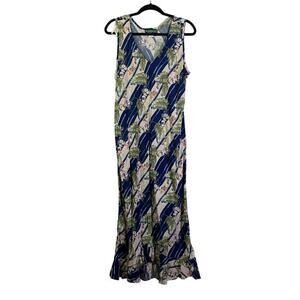 ISLAND ALOHA WEAR Cream & Blue Palm Leaves Sleeveless Hawaiian Dress Size XL‎